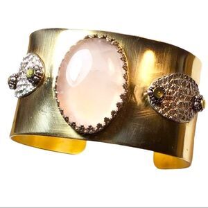 Pink Quartz Sterling Silver Bold Brass Cuff Bracelet NEW